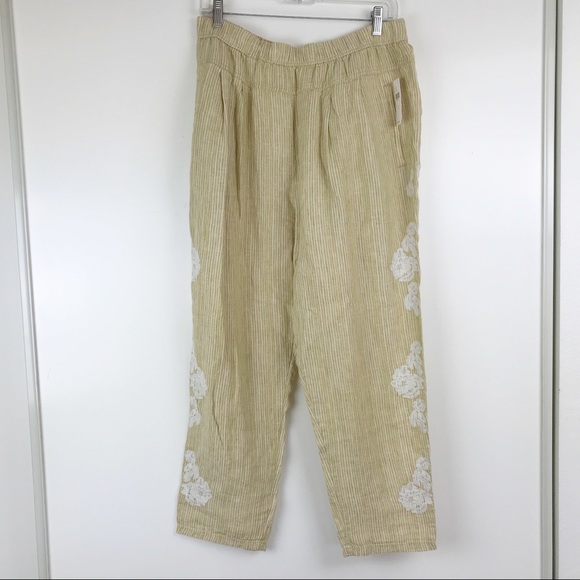 Anthropologie Linen Embroidered Stripe Ankle Pants - Picture 2 of 8